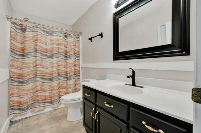 a bathroom with a sink a toilet and a mirror