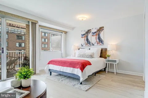 a spacious bedroom with a bed and a potted plant