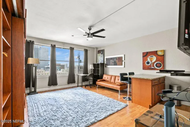 a living room with furniture rug and window