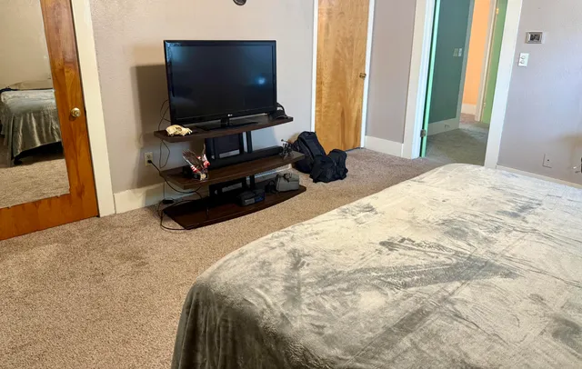 a bedroom with a bed and a flat screen tv
