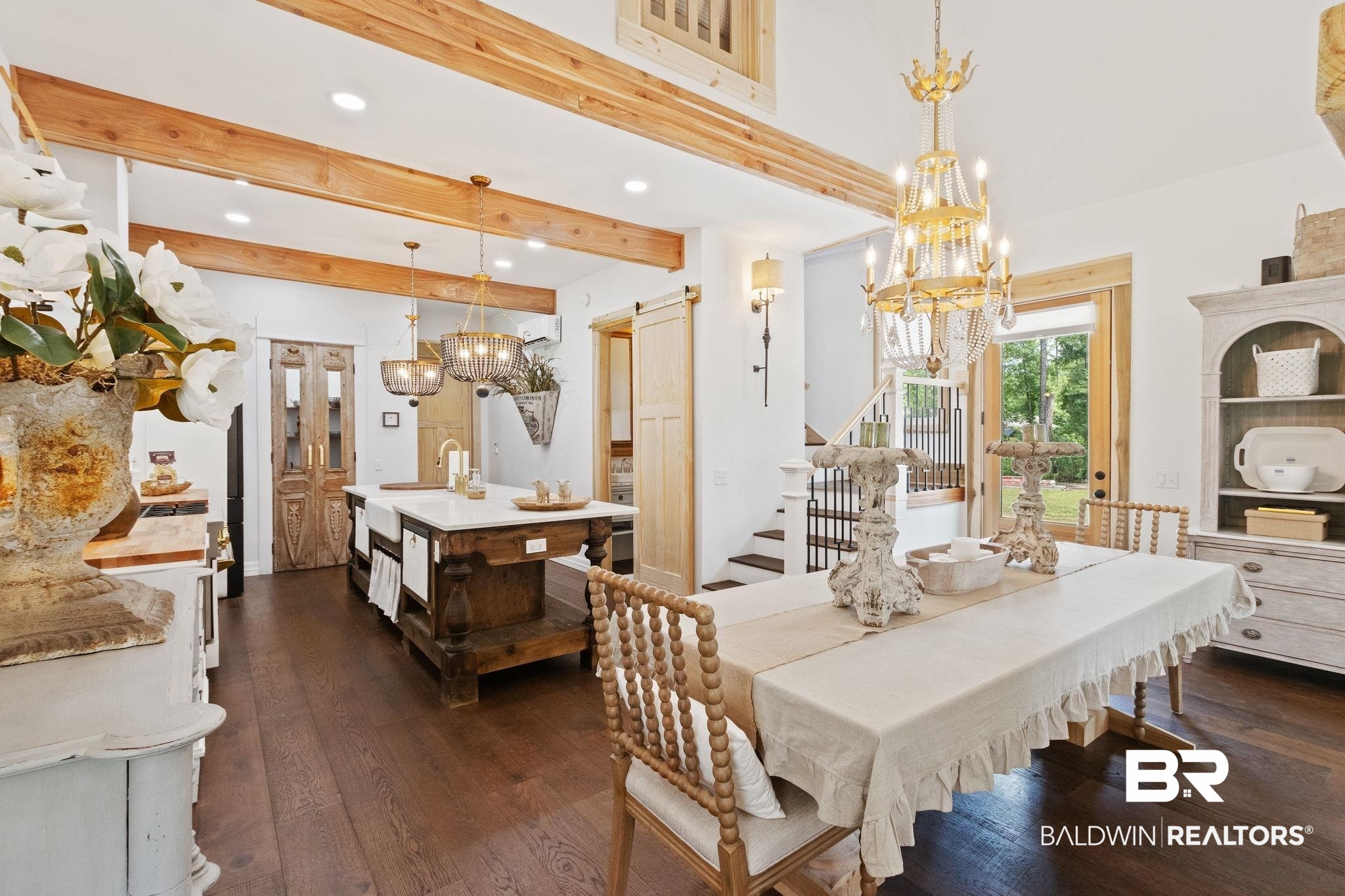 11855 Heather Dells Lane Foley, AL 36535 - Photo 14 of 48 Dining area featuring a chandelier, dark hardwood / wood-style floors, and beam ceiling
