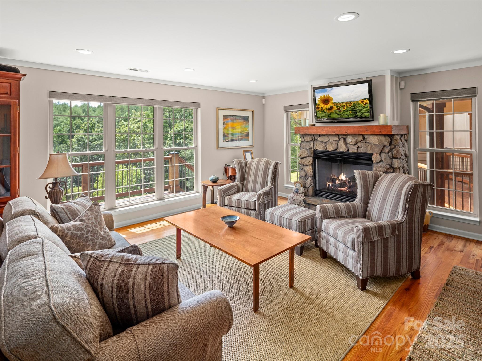 298 Lone Pine Road Alexander, NC 28701 - Photo 21 of 48 a living room with furniture a flat screen tv and a fireplace