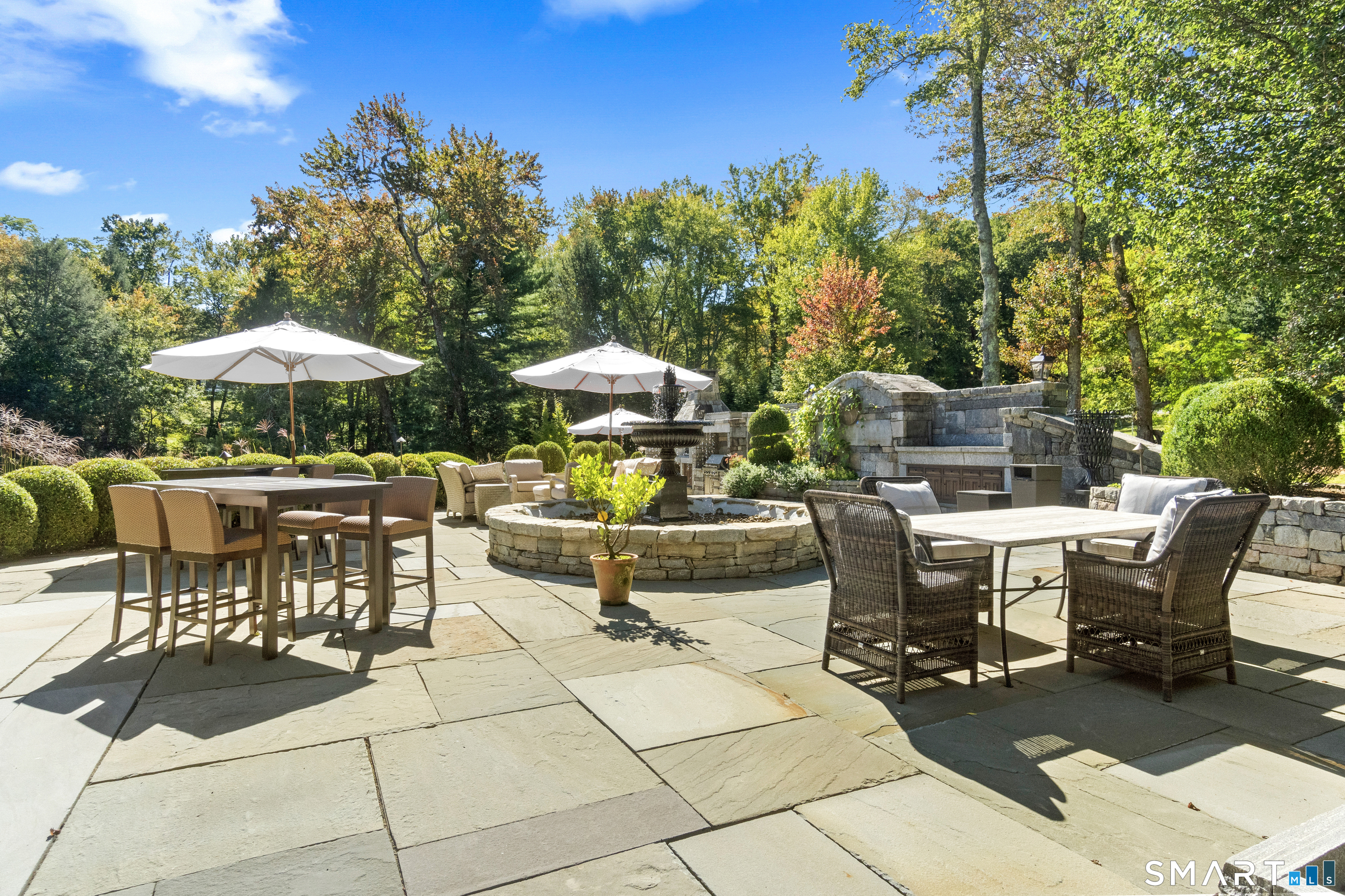 252 River Road Deep River, CT 06417 - Photo 16 of 40 a view of a patio with dining table and chairs under an umbrella with a barbeque grill and couches