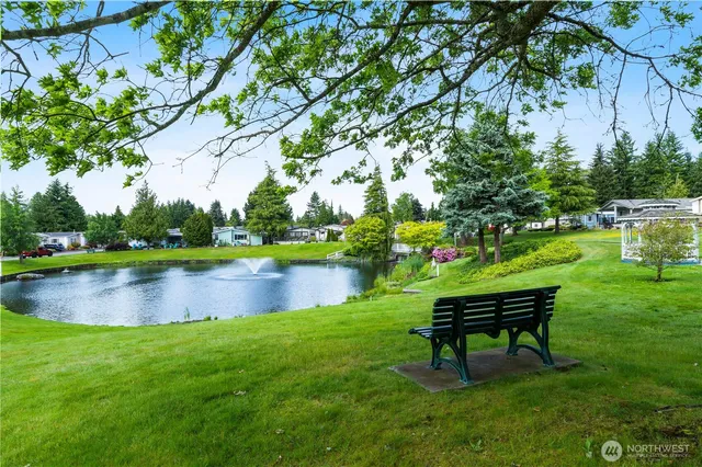 a view of a lake with a bench and trees