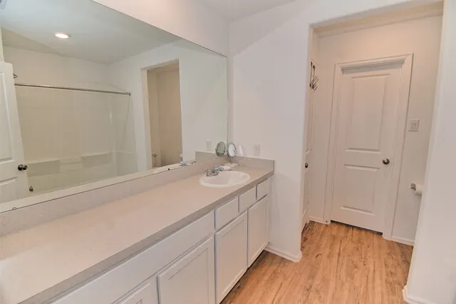 a bathroom with a sink and a mirror
