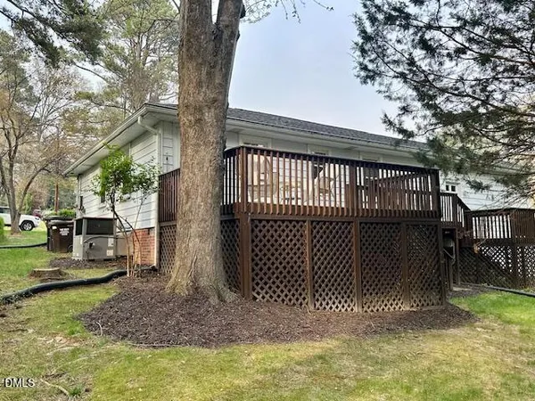 a view of a backyard with a large tree