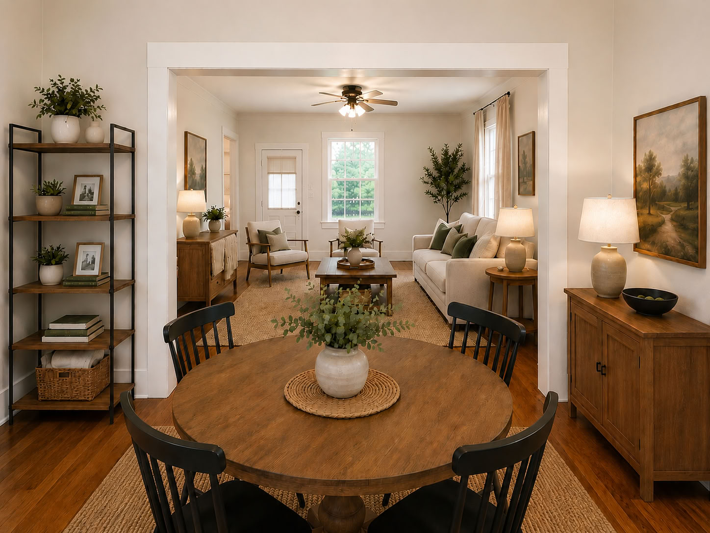 1002 Washburn Street Taylor, TX 76574 - Photo 7 of 29 Hardwood floors flow through the dining area into a sun-filled living space, connected by a wide doorway.
