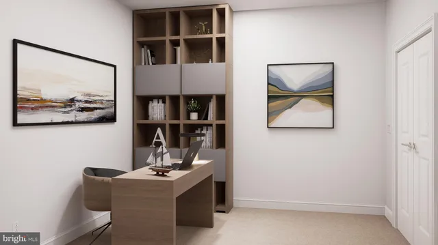 a room with storage and painted walls