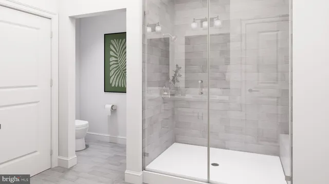 a bathroom with a shower and a toilet