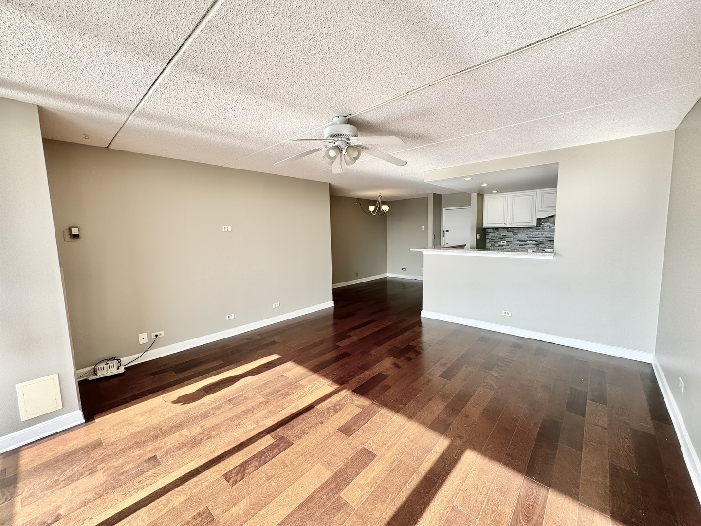 2015 South Finley Road, Unit 407 Lombard, IL 60148 - Photo 10 of 23 a living room with hard wood floors and a ceiling fan
