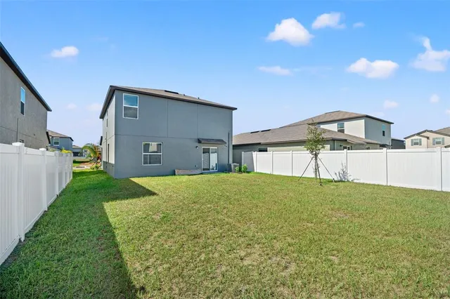 aerial view of a house with a yard