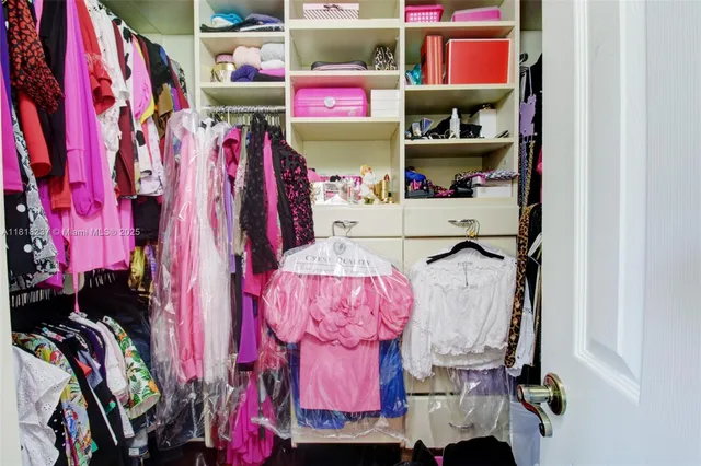 a view of walk in closet with clothes