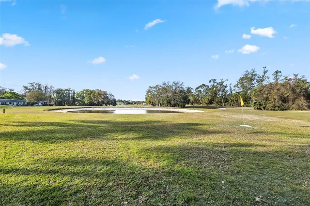 a view of a patio with a table and chairs under an umbrella with palm trees