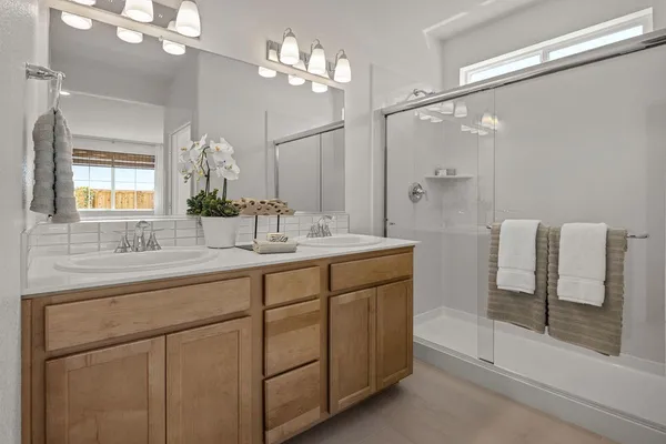 a bathroom with a double vanity sink mirror and shower