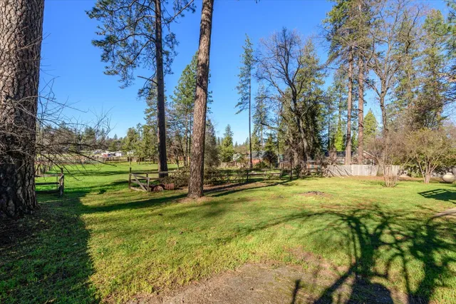 a view of yard with swimming pool and green space