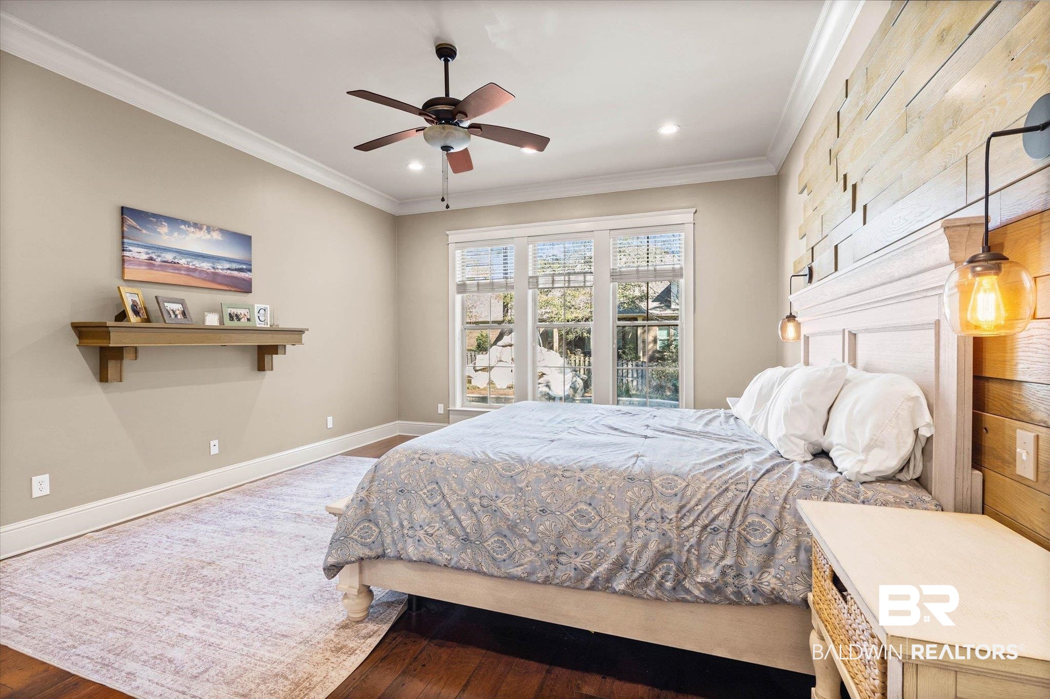 7676 Rockstone Lane Mobile, AL 36695 - Photo 16 of 47 Bedroom featuring crown molding, wood-type flooring, a ceiling fan, and recessed lighting