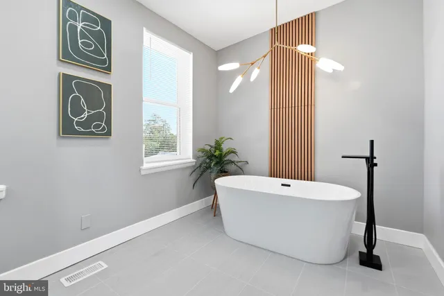 a bathroom with a tub a potted plant and a sink