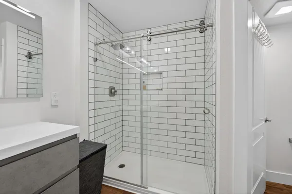 a bathroom with a shower and a sink