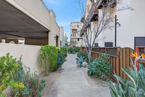 a view of a pathway of house with flower plants
