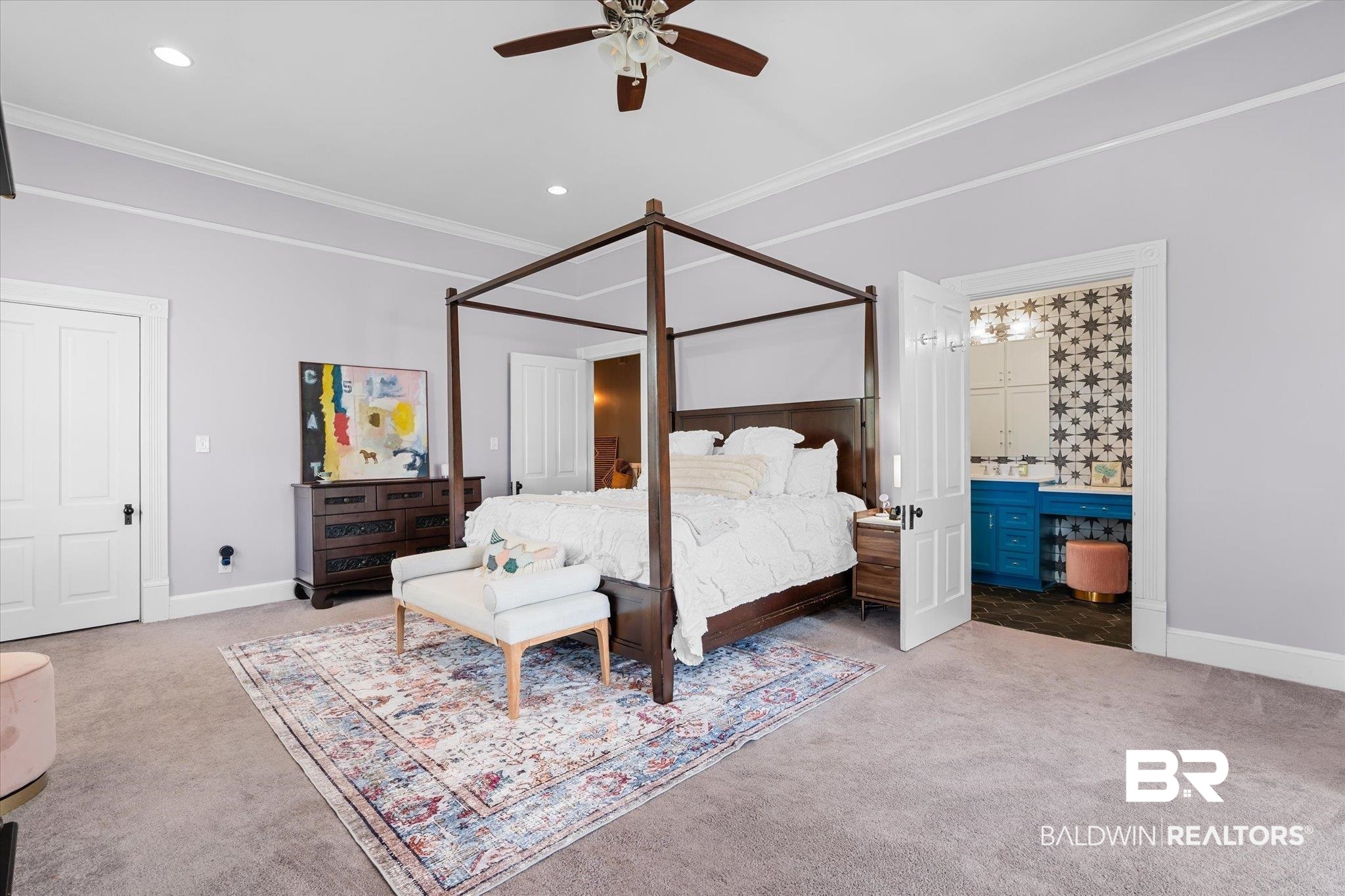 1210 Government Street Mobile, AL 36604 - Photo 14 of 37 Carpeted bedroom with connected bathroom, crown molding, and ceiling fan