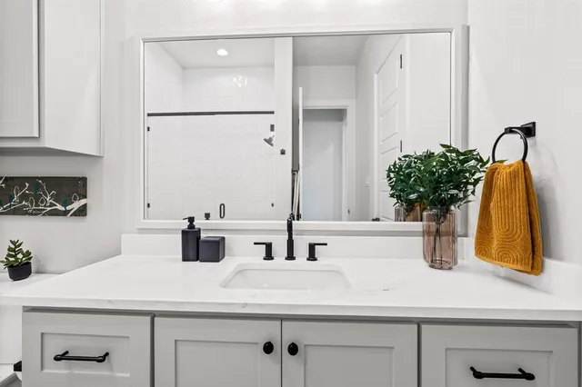 a bathroom with a sink and a mirror