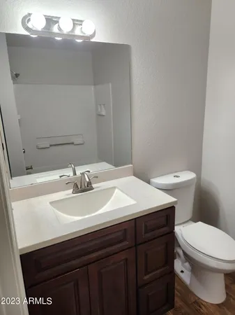 a bathroom with a sink a toilet and mirror