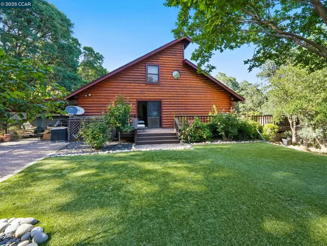 a backyard of a house with plants and large tree