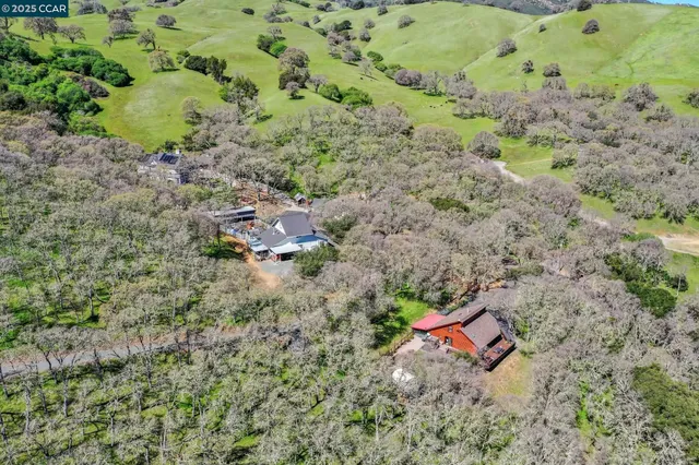 a view of a wooden house with large trees