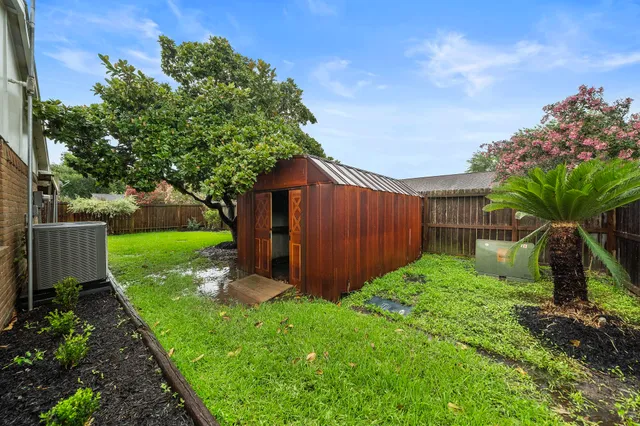 a view of a garden with a large tree