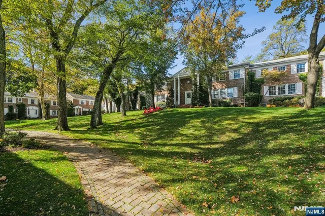a view of a trees in front of a brick house