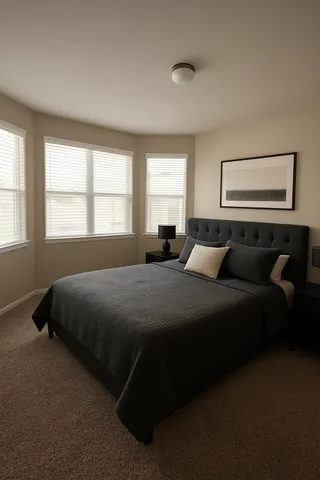a bedroom with a bed and window