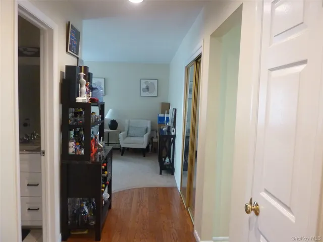 a view of a hallway with a livingroom with furniture and closet
