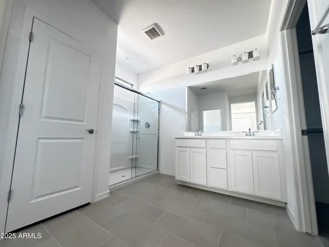 a bathroom with a sink a mirror and a shower