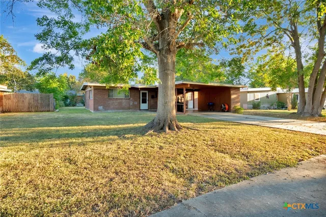 a view of a house with backyard and tree
