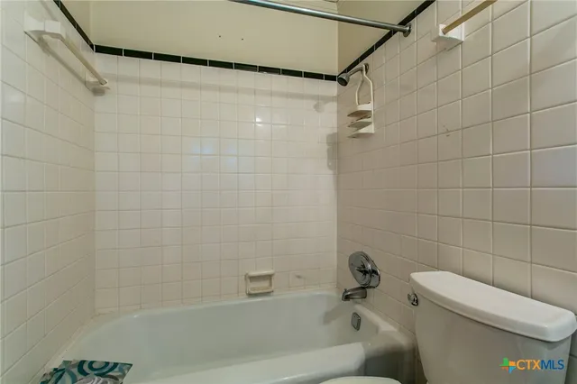 a bathroom with a bathtub and a toilet