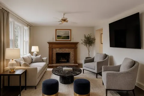a living room with furniture a flat screen tv and a fireplace