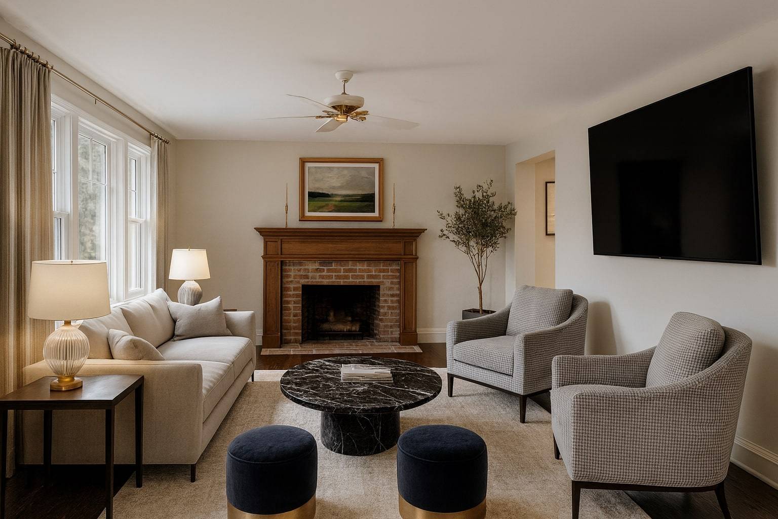 75 Edwards Avenue East Hampton, NY 11937 - Photo 11 of 27 a living room with furniture a flat screen tv and a fireplace