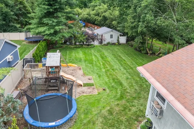a view of a backyard with potted plants and large trees