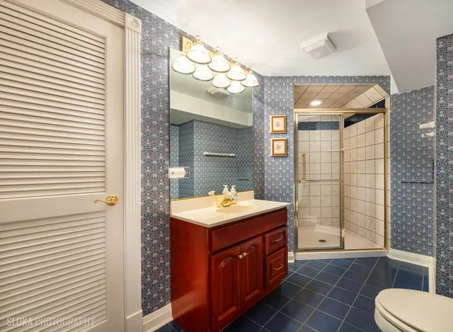 a bathroom with a sink vanity mirror and shower