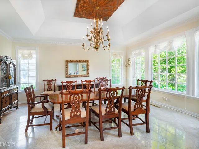 a view of a dining room with furniture window and outside view