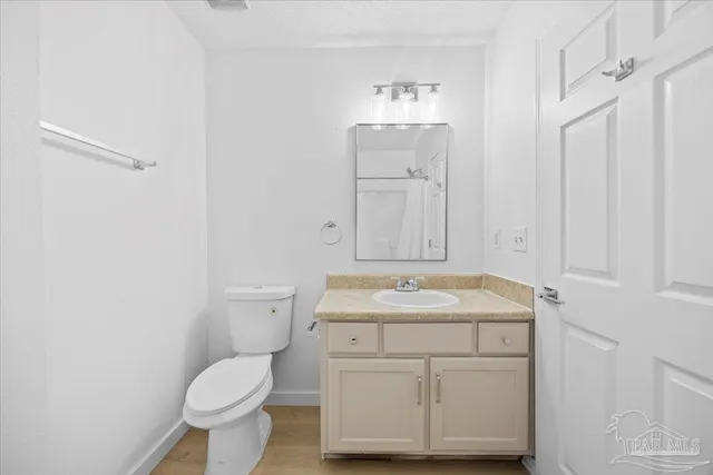 a bathroom with a sink toilet a mirror and vanity