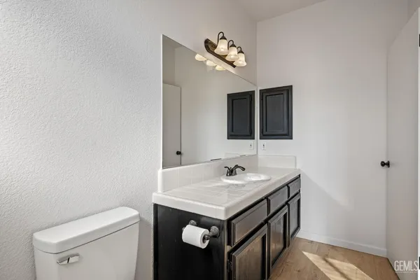 a bathroom with a sink a toilet and mirror
