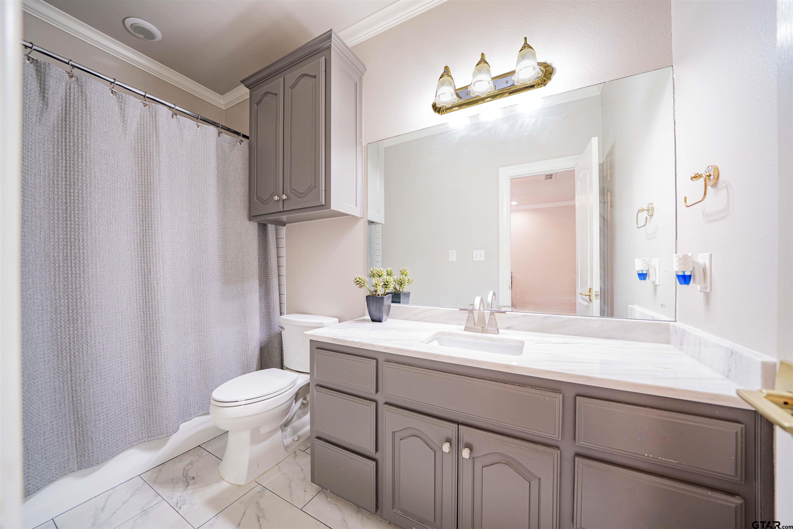 219 Hunters Circle Longview, TX 75605 - Photo 21 of 47 a bathroom with a sink a toilet and a mirror
