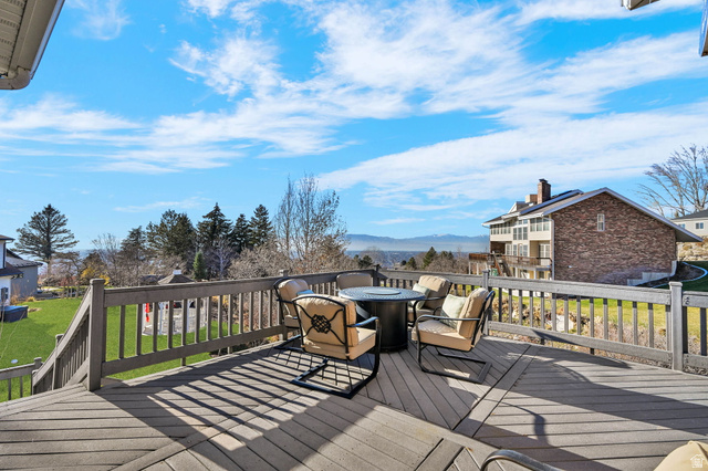 1085 Windsor Drive Provo, UT 84604 - Photo 66 of 83 Deck featuring a mountain view, outdoor dining area, and a yard