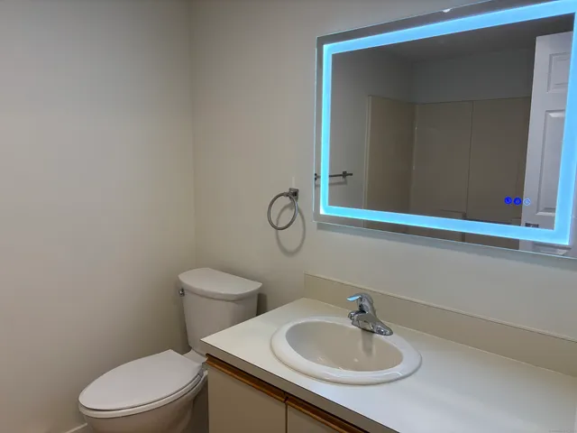 a bathroom with a sink toilet and mirror