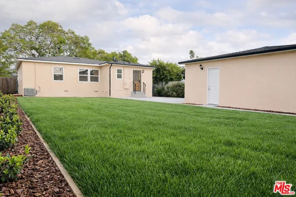a view of a backyard with potted plants and large tree