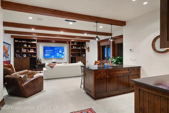 a living room with furniture a rug and a projector with kitchen view