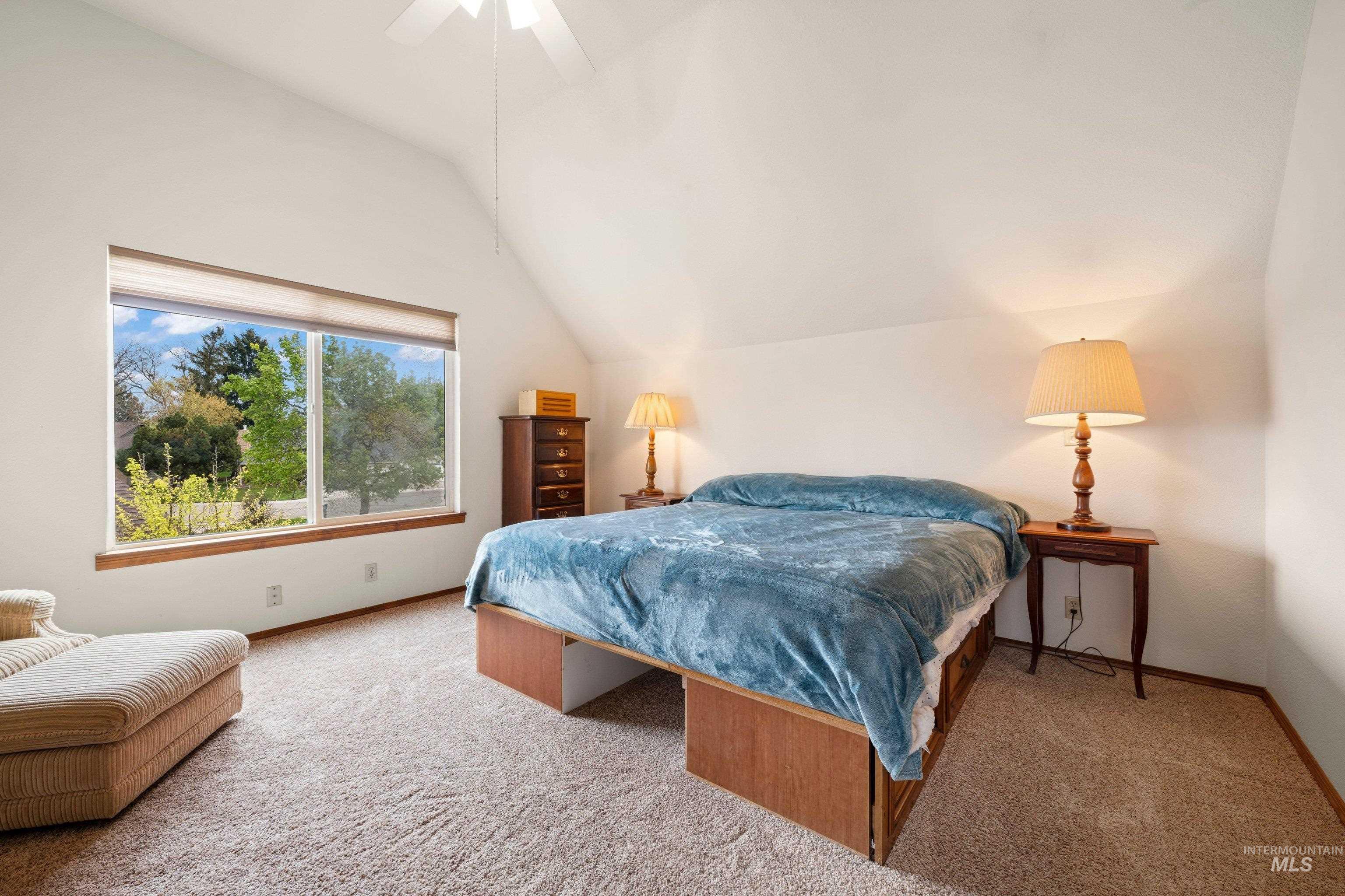 1921 Incline Way Meridian, ID 83646 - Photo 27 of 50 Vaulted ceiling with a ceiling fan, spacious window with wood trim, and neutral carpet flooring