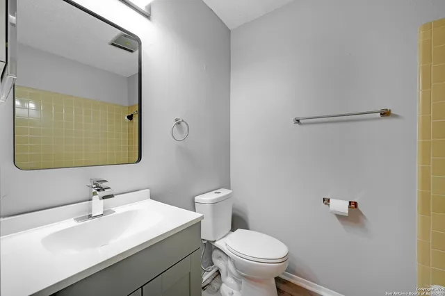 a bathroom with a sink toilet and mirror