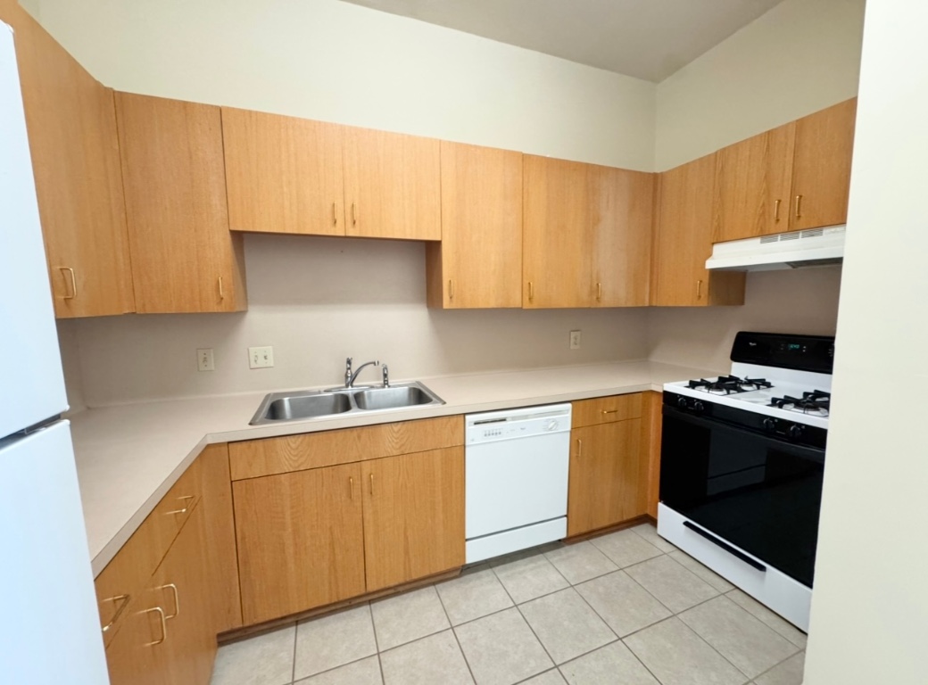 104 Depot Street, Unit B Elgin, TX 78621 - Photo 6 of 15 Kitchen featuring white appliances, under cabinet range hood, a sink, and light countertops